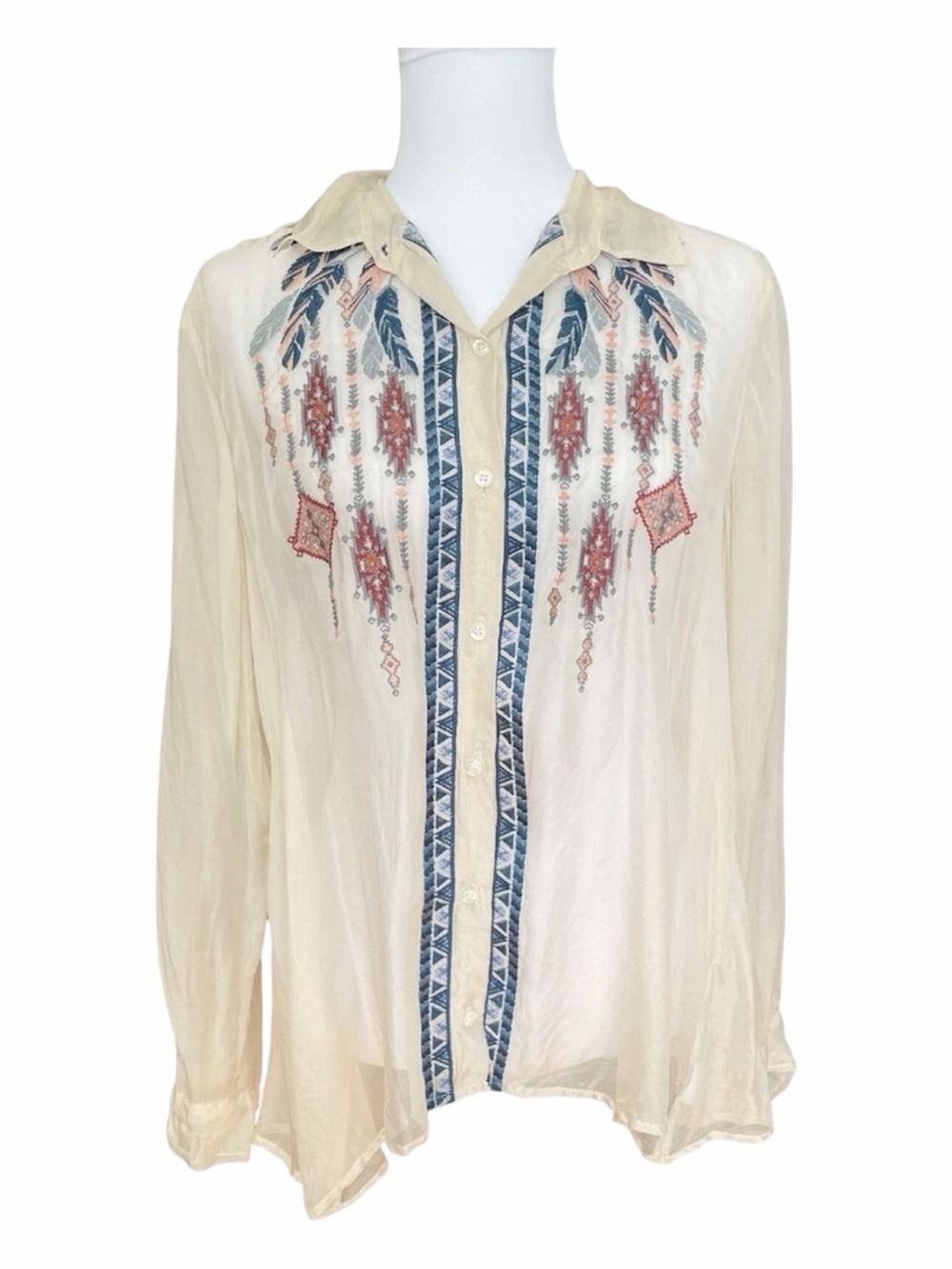 Johnny Was 4 Love & Liberty Silk Sheer Embroidered Southwestern Blouse Size M